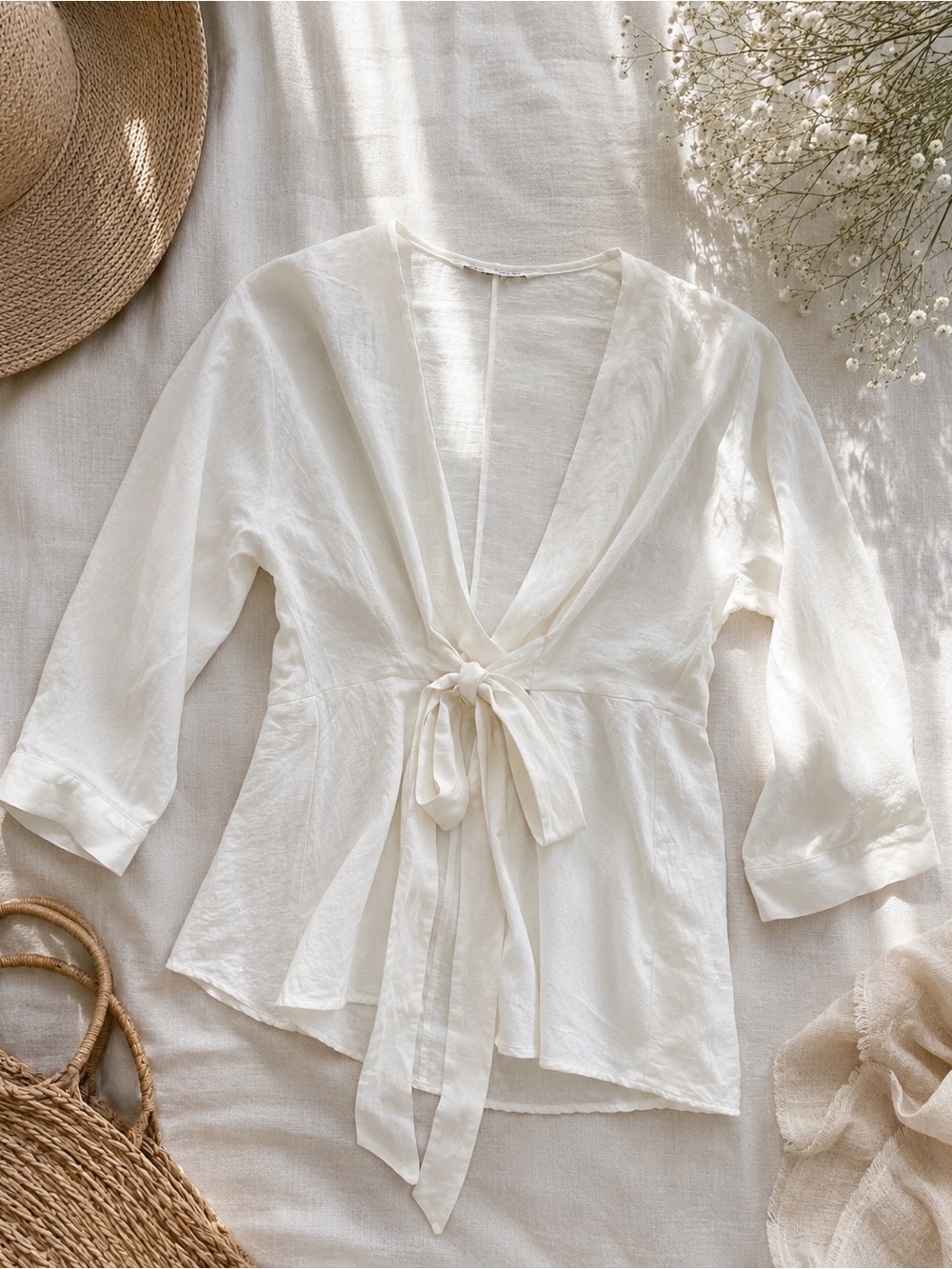 Zara White Linen Blend Tie Front Plunge Long Sleeve Blouse Top Size Small